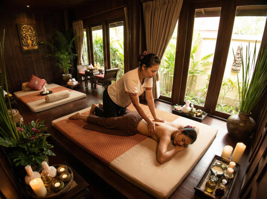 Masażysta wykonuje relaksujący masaż pleców kobiecie leżącej twarzą w dół na macie w spokojnym, delikatnie oświetlonym pokoju spa ozdobionym świecami, roślinami i dużymi oknami z widokiem na zieleń.
