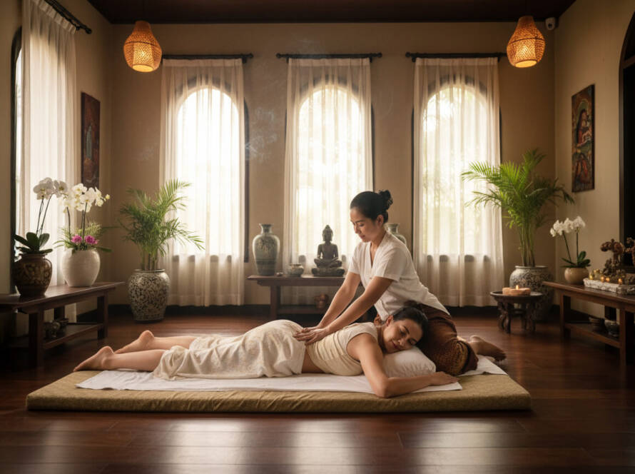 Kobieta otrzymuje masaż od terapeuty w spokojnym, oświetlonym słońcem pokoju spa z drewnianymi podłogami, dużymi oknami, roślinami doniczkowymi i uspokajającym wystrojem. Oboje wyglądają na zrelaksowanych, a atmosfera jest spokojna i zachęcająca.